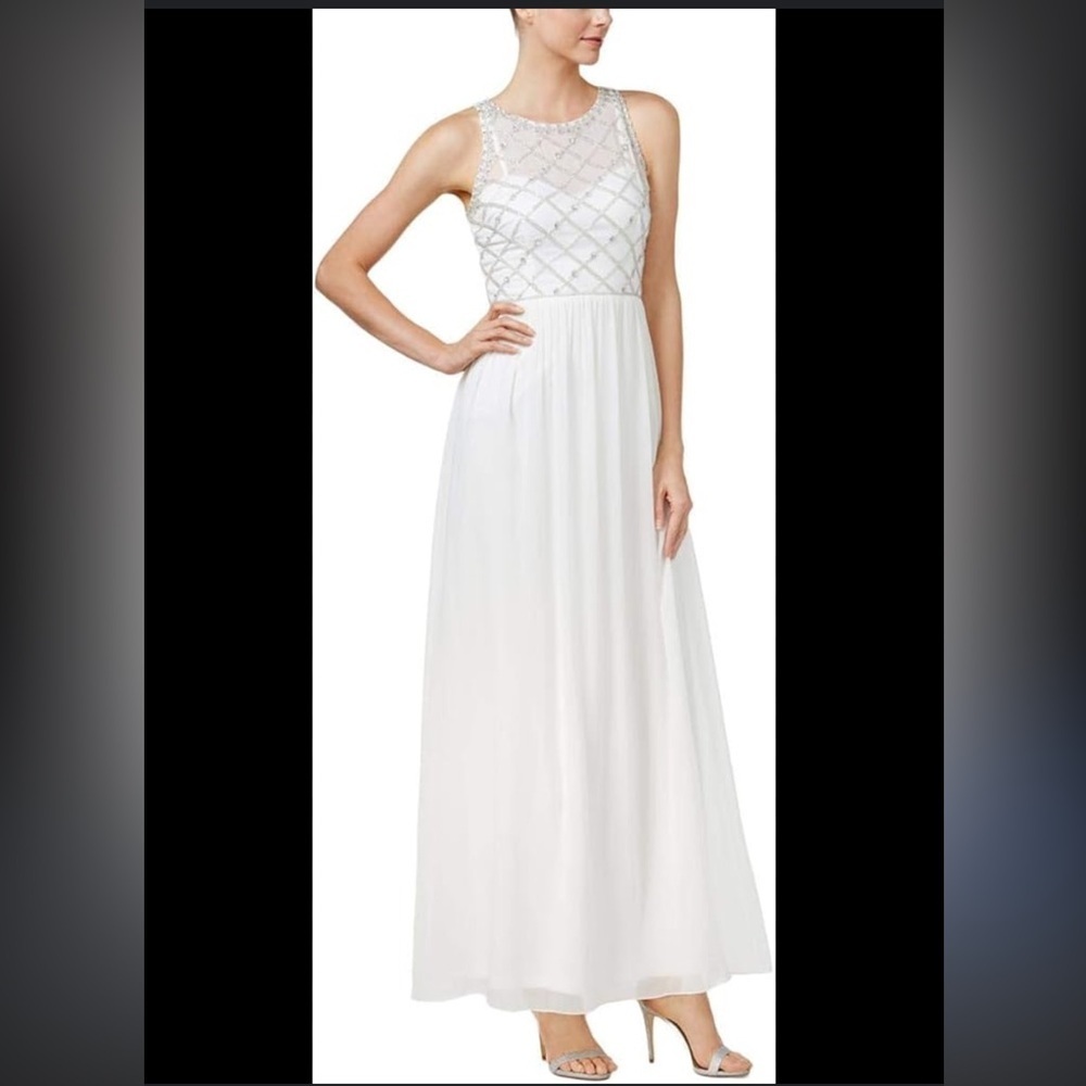 Adrianna Papell 14 Illusion White and Silver Beaded Maxi Dress - Picture 2 of 10